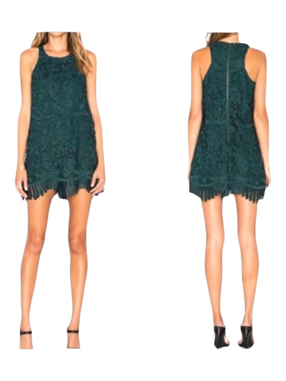 Lovers + Friends Green Lace Sleeveless Round Neck Caspian Shift Dress Small